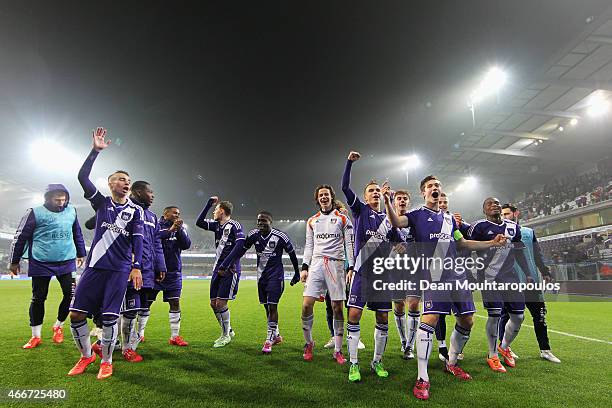 Captain, Herve Matthys of Anderlecht leads the celebrations after victoy in the UEFA Youth League quarter final match between RSC Anderlecht and FC...