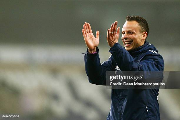 Anderlecht Head Coach / Manager, Mohamed Ouahbi celebrates victory after the UEFA Youth League quarter final match between RSC Anderlecht and FC...