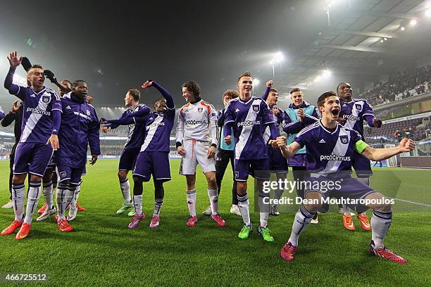 Captain, Herve Matthys of Anderlecht leads the celebrations after victoy in the UEFA Youth League quarter final match between RSC Anderlecht and FC...