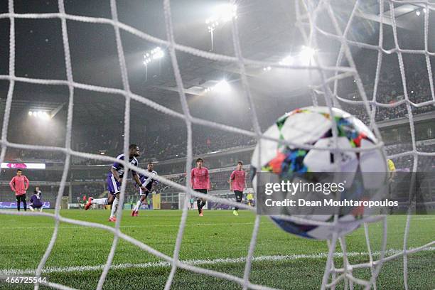 Aaron Leya Iseka of Anderlecht takes and scores a goal from the penalty spot completing his hat trick during the UEFA Youth League quarter final...