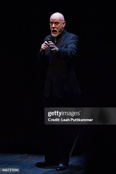 Actor Anthony Warlow performs on stage at the Shakespeare Theatre Company during Camilla, Duchess of Cornwall's visit on March 18, 2015 in...