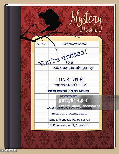 mystery themed novel exchange invitation done on book card - exchanging books stock illustrations