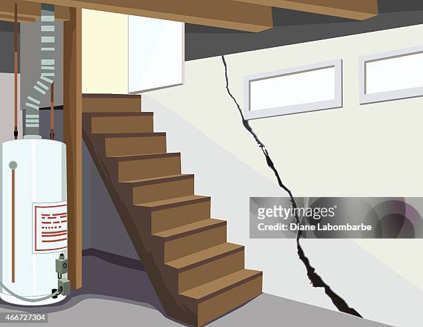 image of a basement water tank and cracked foundation - basement stock illustrations
