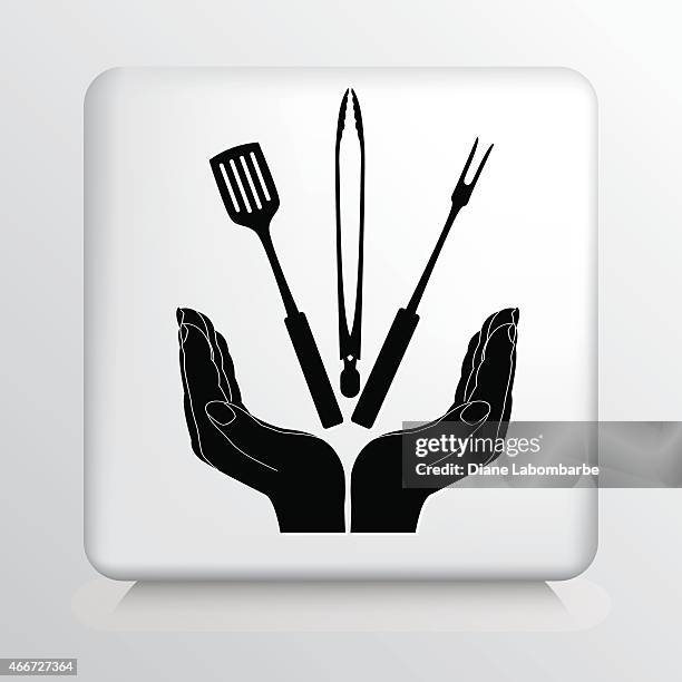 square icon with two hands cupping a barbecue cooking utensils - holding spatula stock illustrations