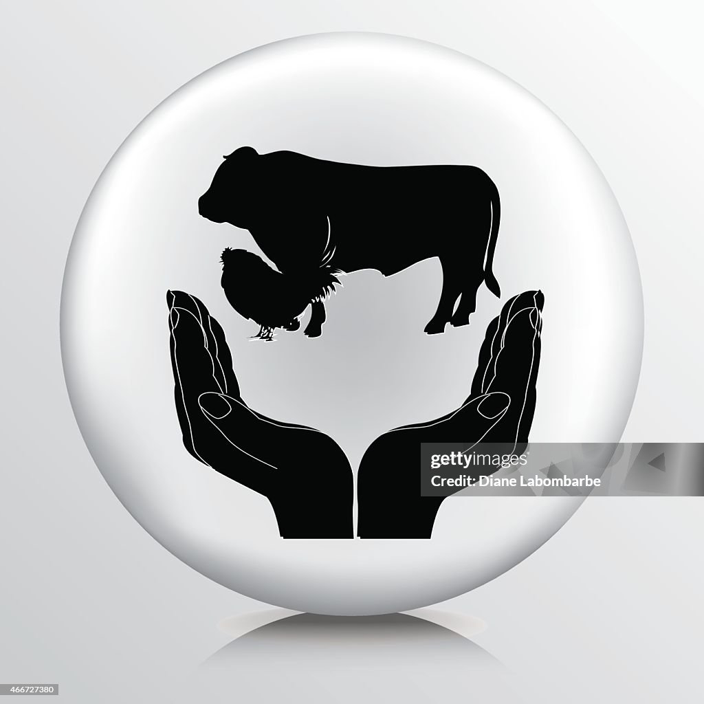Round Icon With Two Hands Cupping Livestock Animals Silhouette