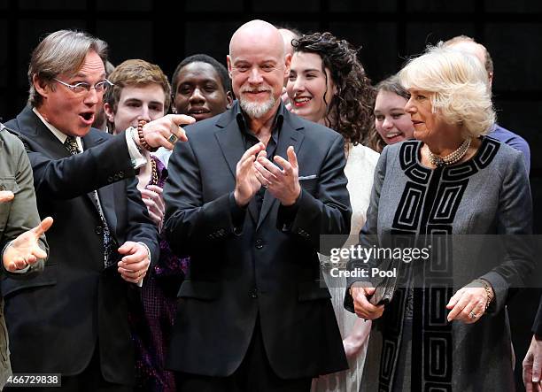 Camilla, Duchess of Cornwall meets Richard Thomas and Australian actor Anthony Warlow during a visit to the Shakespeare Theatre Company at Sidney...