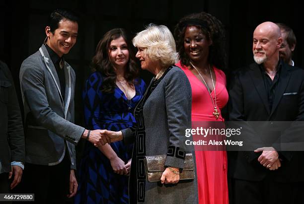 Camilla, Duchess of Cornwall greets members of Man of La Mancha as opera and musical theatre performer Anthony Warlow during her visit to the...