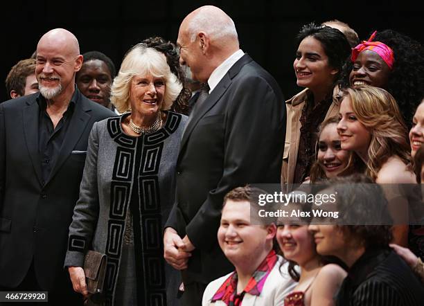 Camilla, Duchess of Cornwall chats with opera and musical theatre performer Anthony Warlow , and Artistic Director of the Shakespeare Theatre Company...