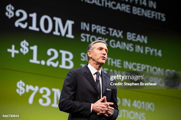 Starbucks Chairman and CEO Howard Schultz speaks during Starbucks annual shareholders meeting March 18, 2015 in Seattle, Washington. Schultz anounced...