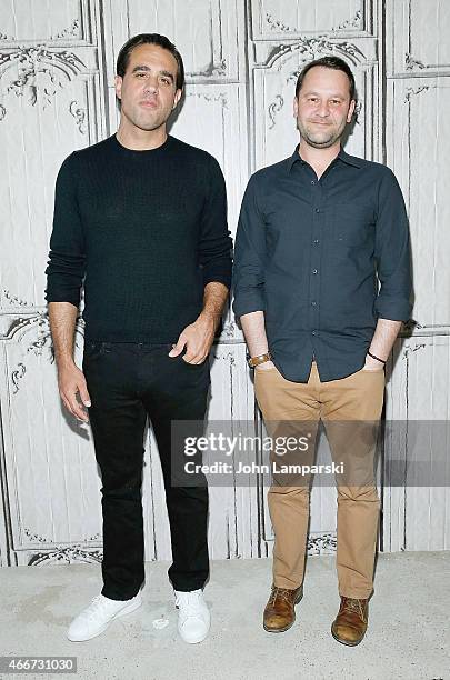 Bobby Cannavale and Dan Fogelman pose during the "Danny Collins" AOL Build Speaker Series at AOL Studios In New York on March 18, 2015 in New York...