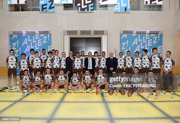 Cyclists of the AG2R La Mondiale team pose for a photograph in Paris on February 3 following a presentation of the new members of the team. Alexis...