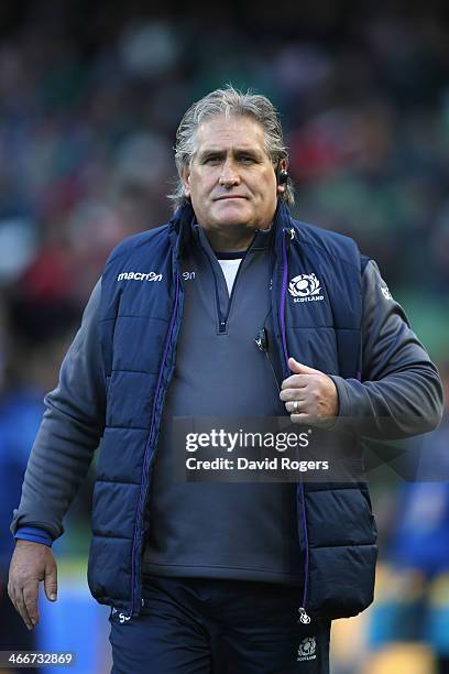 Scott Johnson, the Scotland head coach looks on during the RBS Six Nations match between Ireland and Scotland at the Aviva Stadium on February 2,...