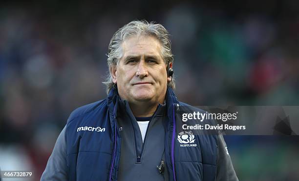 Scott Johnson, the Scotland head coach looks on during the RBS Six Nations match between Ireland and Scotland at the Aviva Stadium on February 2,...