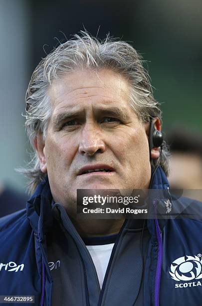 Scott Johnson, the Scotland head coach looks on during the RBS Six Nations match between Ireland and Scotland at the Aviva Stadium on February 2,...