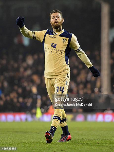 Mirco Antenucci of Leeds United celebrates as he scores their third goal during the Sky Bet Championship match between Fulham and Leeds United at...