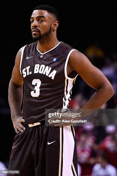 Marcus Posley of the St. Bonaventure Bonnies in action during a quarterfinal game against the Dayton Flyers in the 2015 Men's Atlantic 10 Basketball...