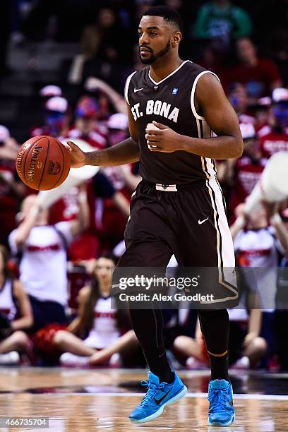 Marcus Posley of the St. Bonaventure Bonnies in action during a quarterfinal game against the Dayton Flyers in the 2015 Men's Atlantic 10 Basketball...