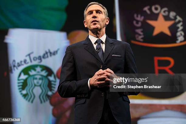 Starbucks Chairman and CEO Howard Schultz addresses the "Race Together Program" during the Starbucks annual shareholders meeting March 18, 2015 in...