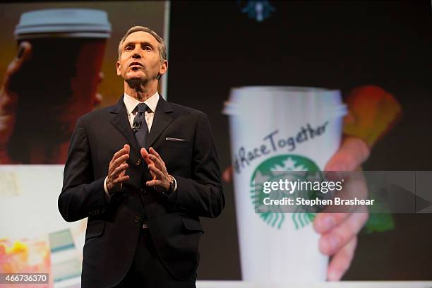 Starbucks Chairman and CEO Howard Schultz addresses the "Race Together Program" during the Starbucks annual shareholders meeting March 18, 2015 in...