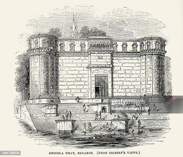 ghoosla ghat, benares (varanasi) - ghat stock illustrations