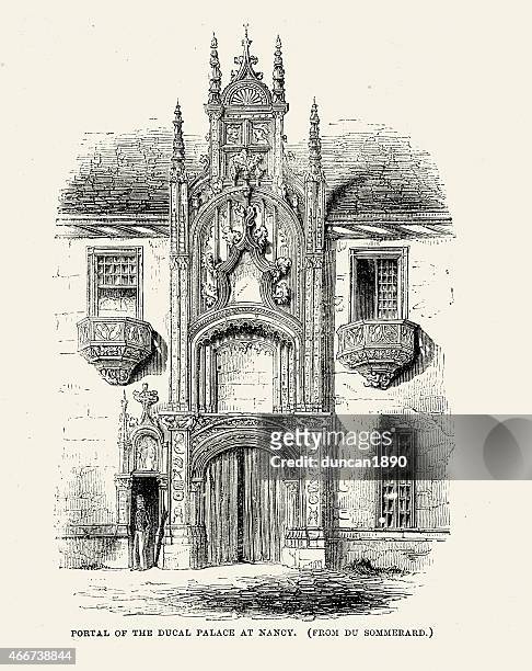 ilustraciones, imágenes clip art, dibujos animados e iconos de stock de arquitectura medieval-portal del palacio ducal en nancy - lorena