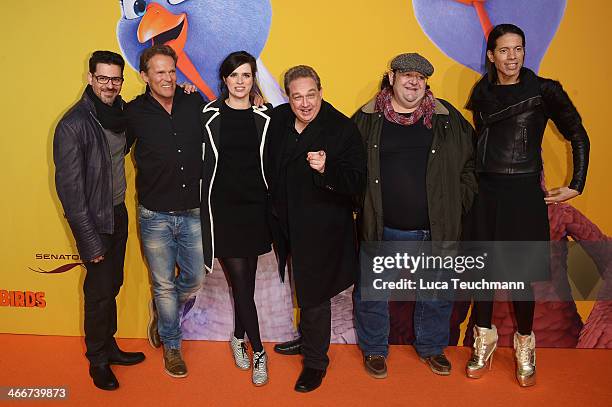 Rick Kavanian, Christian Tramitz, Nora Tschirner, Oliver Kalkofe, Sante de Santis and Jorge Gonzalez attend 'Free Birds' Premiere at Kino in der...