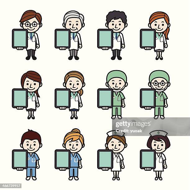 health care workers with tablet pc - female pointer finger stock illustrations