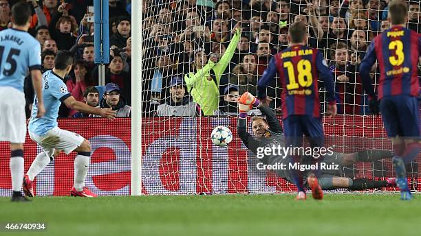 Ter Stegen of FC Barcelona saves the penalti kicked by Aguero of Manchester City during the UEFA Champions League Round of 16 second leg match...