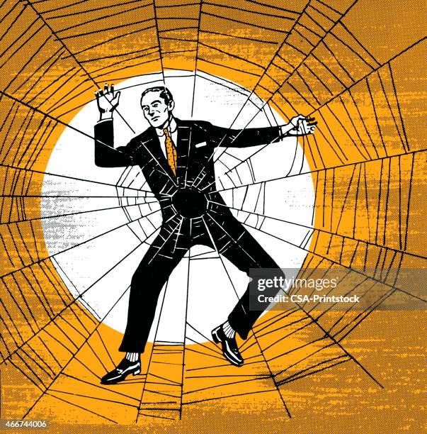 man caught in web - spider web stock illustrations