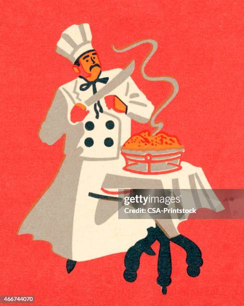 chef ready to serve a meal - casserole stock illustrations