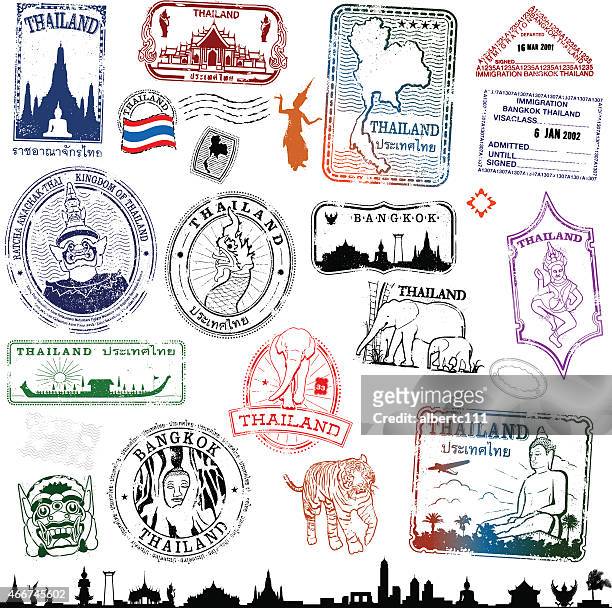 illustrazioni stock, clip art, cartoni animati e icone di tendenza di tailandia viaggio francobolli - cultura tailandese