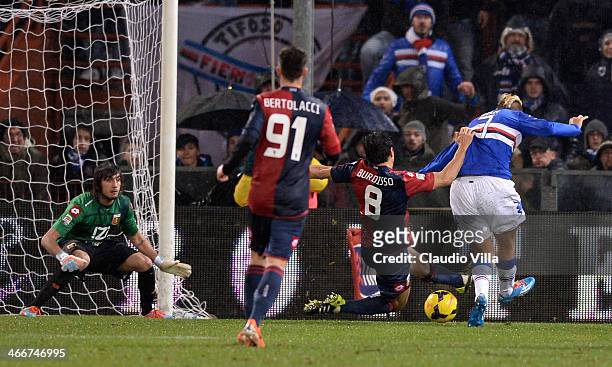 Maxi Lopez of UC Sampdoria scores the first goal during the Serie A match between Genoa CFC and UC Sampdoria at Stadio Luigi Ferraris on February 3,...