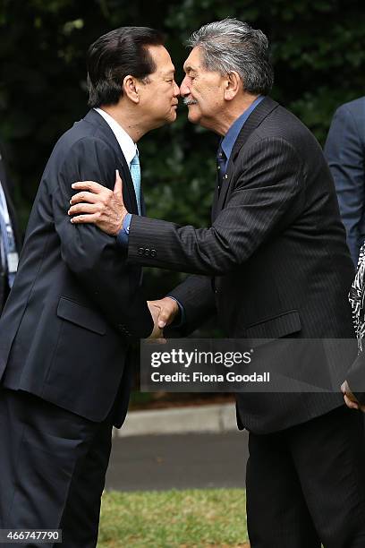 Vietnamese Prime Minister Nguyen Tan Dun is welcomed by Kaumatua Lewis Moeau at Government House on March 19, 2015 in Auckland, New Zealand. The...