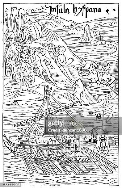 discovery of san domingo by christopher columbus - replica santa maria ship stock illustrations