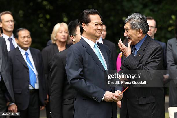 Vietnamese Prime Minister Nguyen Tan Dun is welcomed by Kaumatua Lewis Moeau at Government House on March 19, 2015 in Auckland, New Zealand. The...