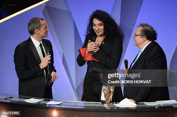 French classical musician Nemanja Radulovic speaks after receiving an award for 'Instrumental solo musician of the year' from the hands of French...