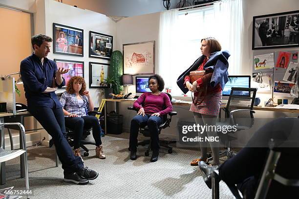 Episode 0178 -- Pictured: Host Seth Meyers, Michelle Wolf, Amber Ruffin and Lena Dunham during a skit on March 18, 2015 --