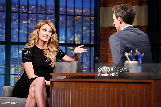 Episode 0178 -- Pictured: Erin Andrews during an interview with host Seth Meyers on March 18, 2015 --