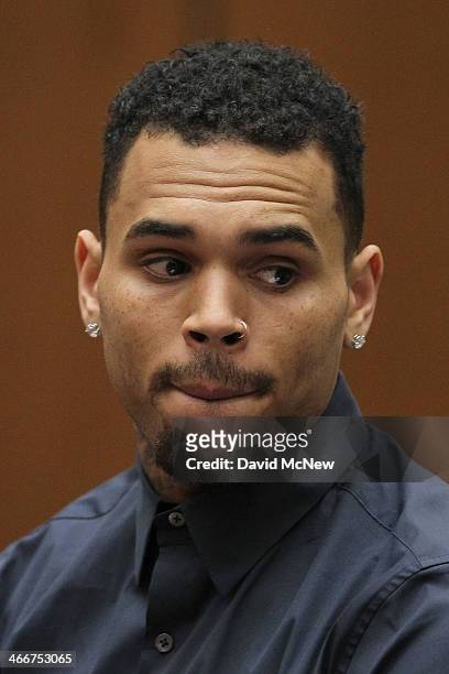 Singer Chris Brown appears in court for a probation progress hearing on February 3, 2014 in Los Angeles, California. Brown has been on probation...
