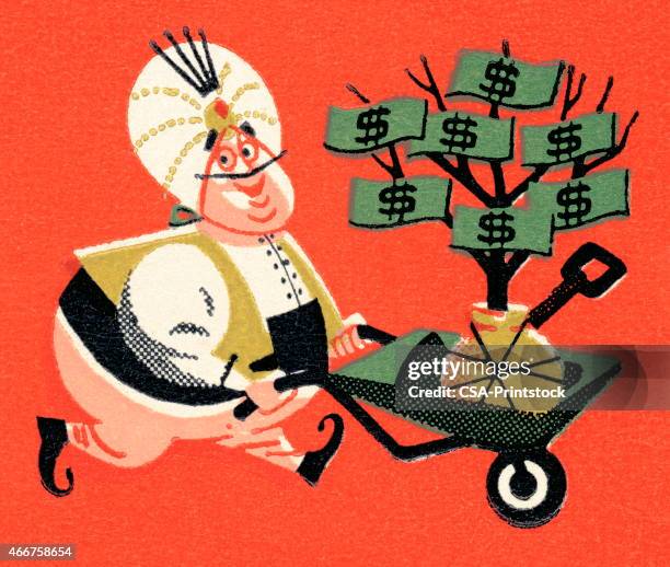 stockillustraties, clipart, cartoons en iconen met genie granting wishes of money - money in wheelbarrow