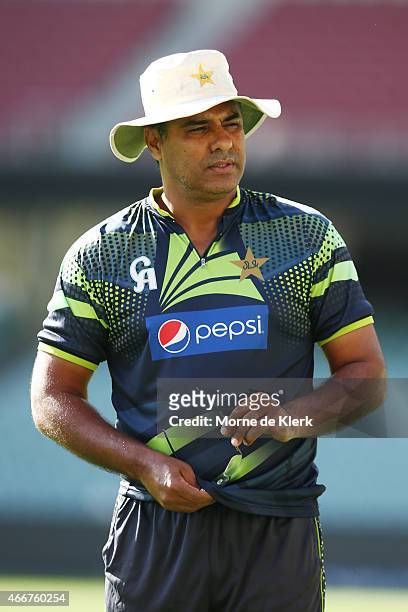 Waqar Younis of Pakistan looks on during a Pakistan nets session at Adelaide Oval on March 19, 2015 in Adelaide, Australia.