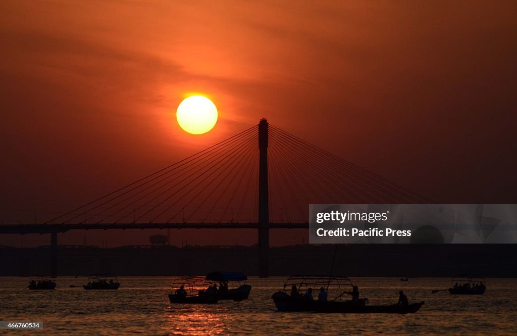 Devotees enjoy boating at Sangam.  In Hindu tradition, the...
