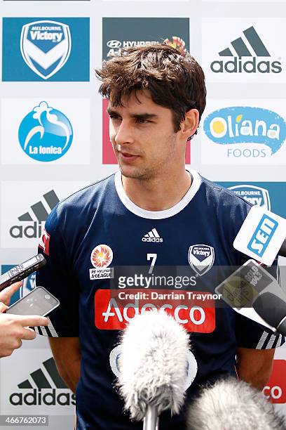 Guiherme Finkler speaks to the media after a Melbourne Victory A-League training session at Gosch's Paddock on February 4, 2014 in Melbourne,...