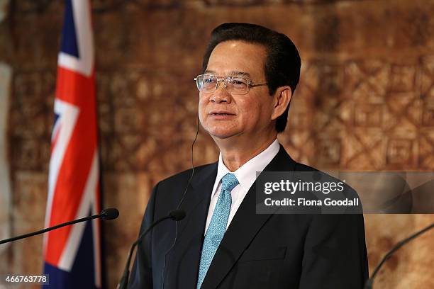Vietnamese Prime Minister Nguyen Tan Dun speaks to the media at Government House on March 19, 2015 in Auckland, New Zealand. The Vietnamese Prime...