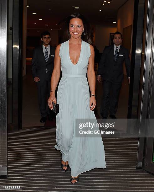 Pippa Middleton leaves The Cumberland Hotel after attending a fundraising ball for Disability SnowSport UK on March 18, 2015 in London, England.