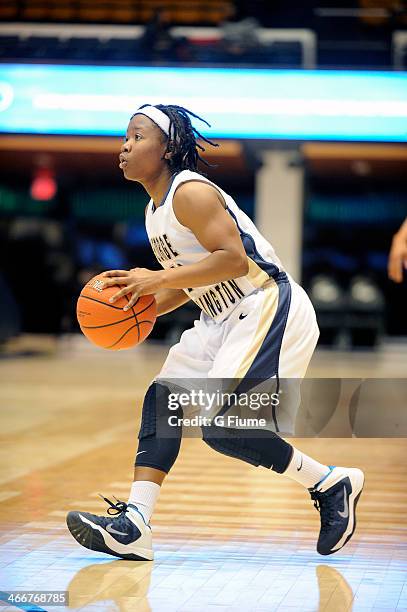 Danni Jackson of the George Washington Colonials handles the ball against the Saint Joseph's Hawks on January 22, 2014 at the Smith Center in...