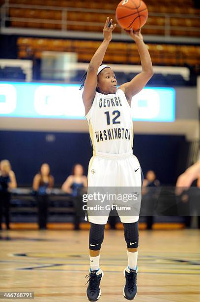 Danni Jackson of the George Washington Colonials shoots the ball against the Saint Joseph's Hawks on January 22, 2014 at the Smith Center in...