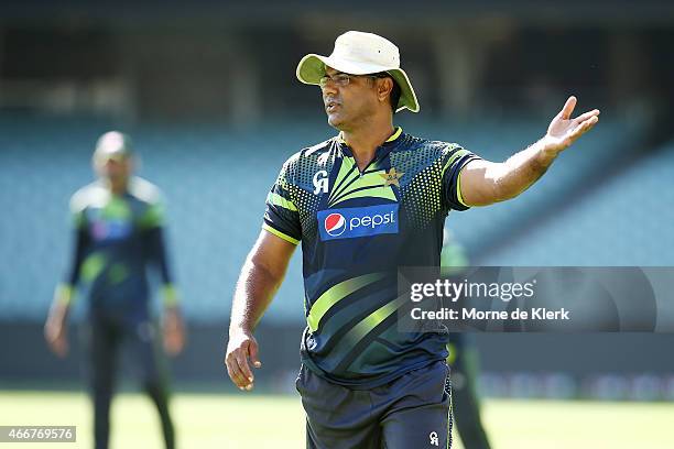 Waqar Younis of Pakistan reacts during a Pakistan nets session at Adelaide Oval on March 19, 2015 in Adelaide, Australia.