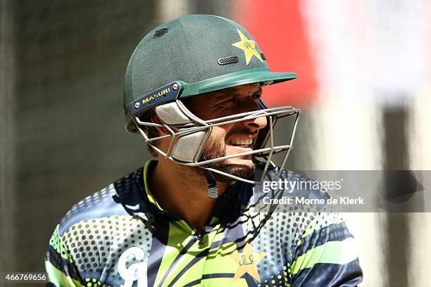 Shahid Afridi of Pakistan bats during a Pakistan nets session at Adelaide Oval on March 19, 2015 in Adelaide, Australia.