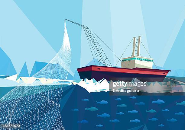 illustrazioni stock, clip art, cartoni animati e icone di tendenza di pesce peschereccio - rete da pesca commerciale